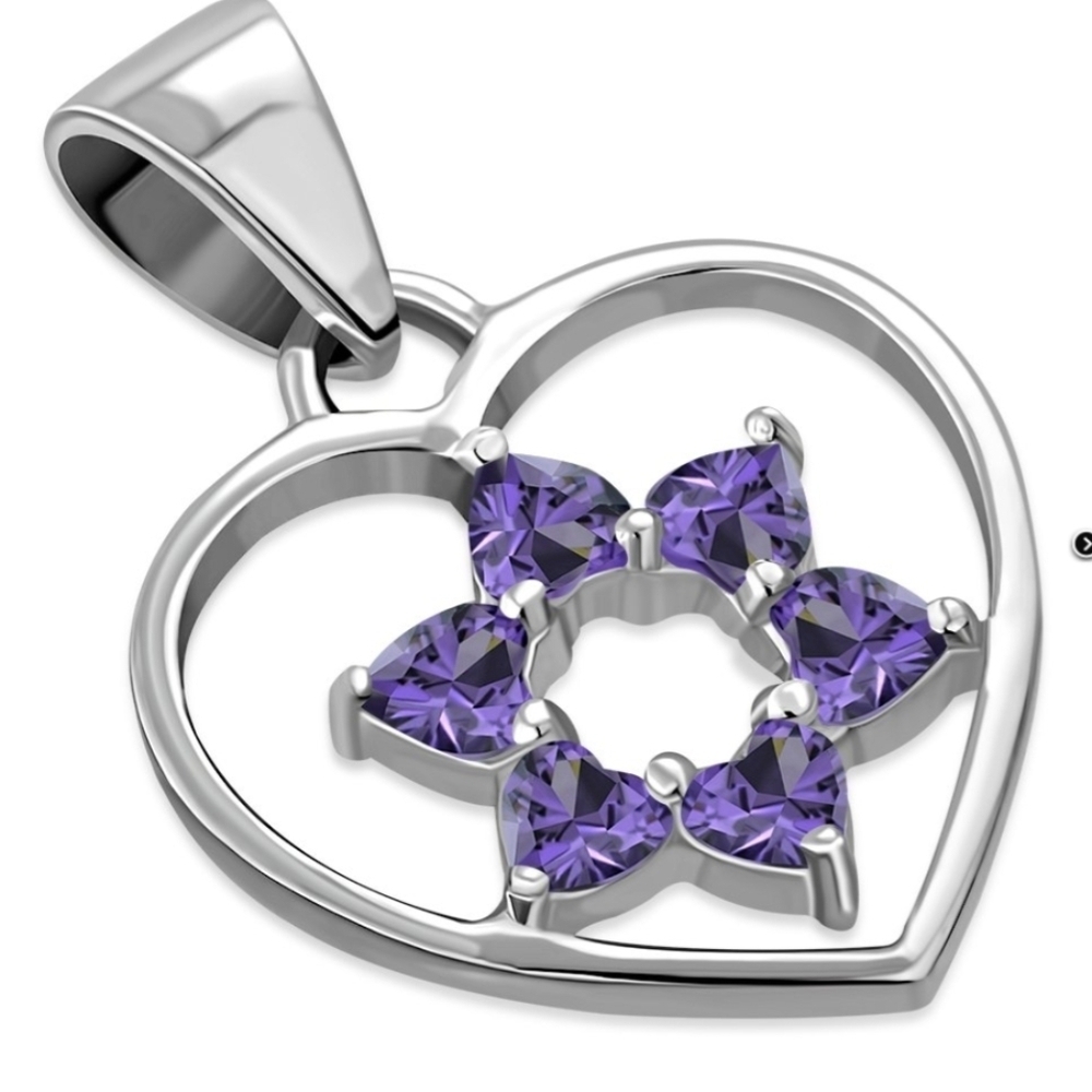 Pendant --925 Silver Heart  inset with Star David in Amethyst CZ